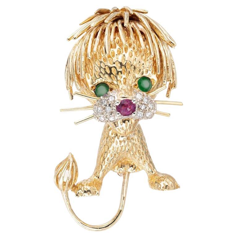18K Gold Lion Cub Brooch with Ruby, Emerald, Diamond, CF Signed, 1960s