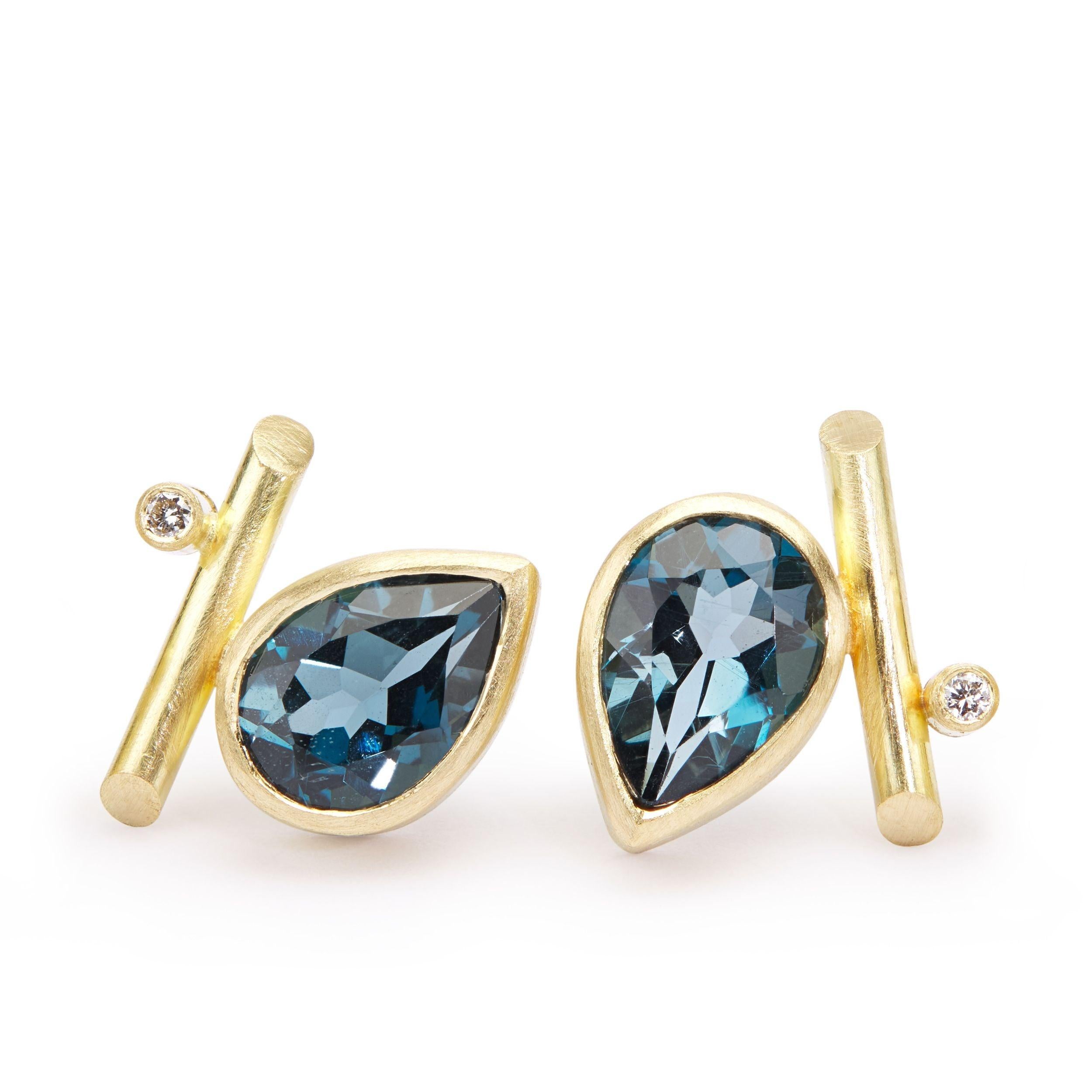 Pear Cut 18 Karat Gold, London Blue Topaz, Diamonds Angle Studs Pierced Earrings For Sale