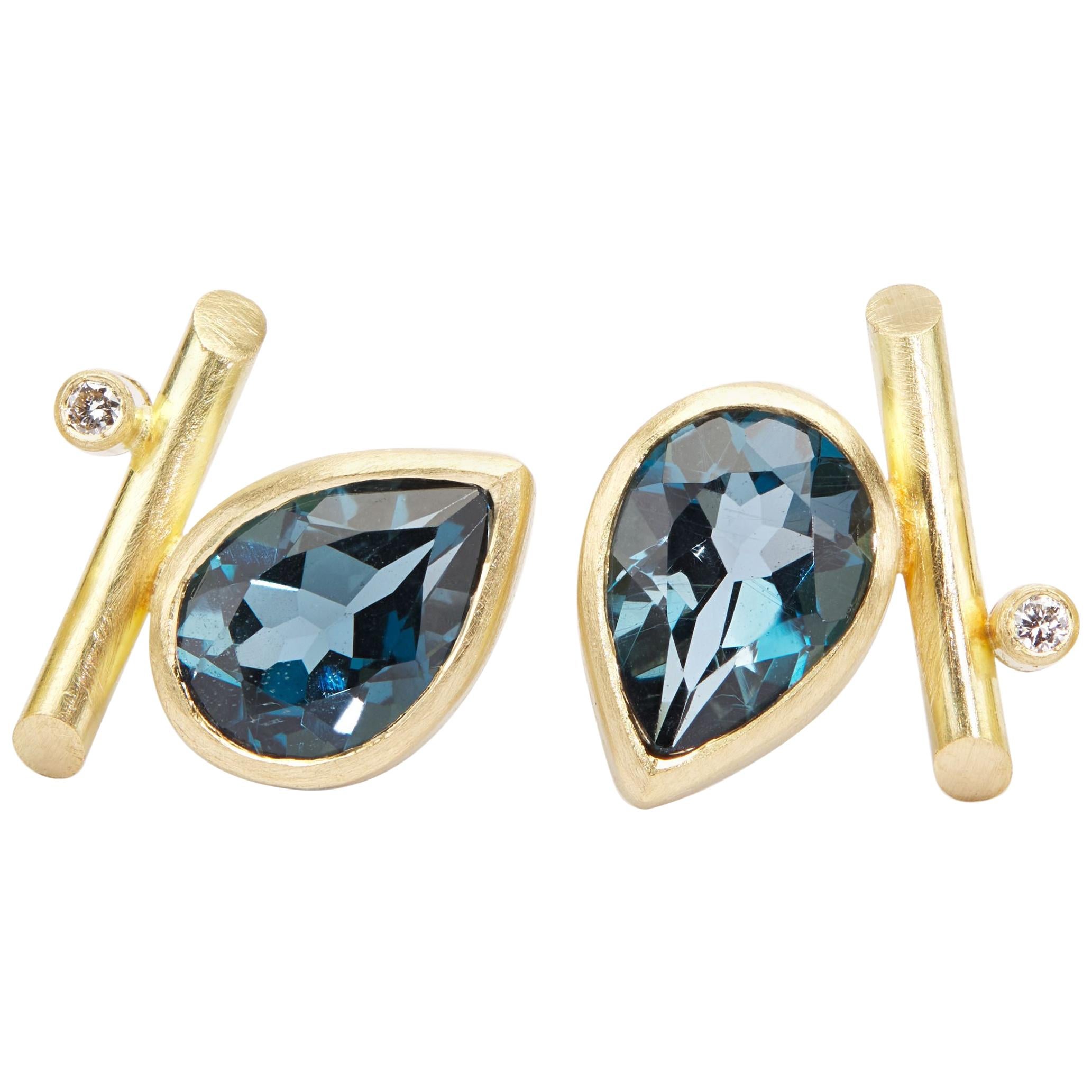 18K Gold, London Blue Topaz, Diamonds Angle Studs Pierced Earrings For Sale