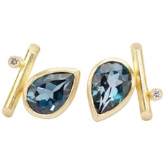 18K Gold, London Blue Topaz, Diamonds Angle Studs Pierced Earrings
