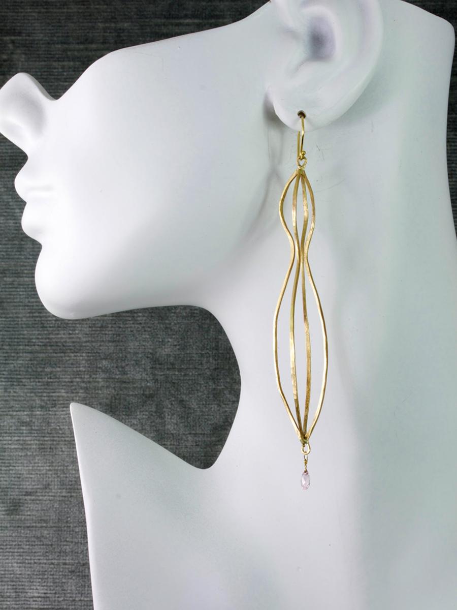 Artist Margery Hirschey 18 Karat Gold Long Cage Earrings with Sapphire Briolette For Sale