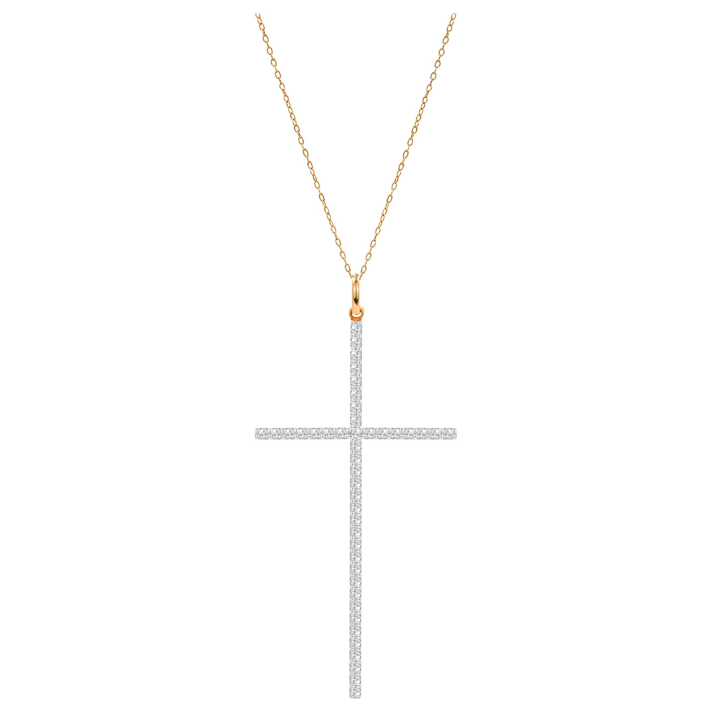 18k Gold Long Diamond Cross Pendant Necklace Long Pave Diamond 0.49 Carats For Sale
