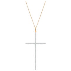18k Gold Long Diamond Cross Pendant Necklace Long Pave Diamond 0.49 Carats
