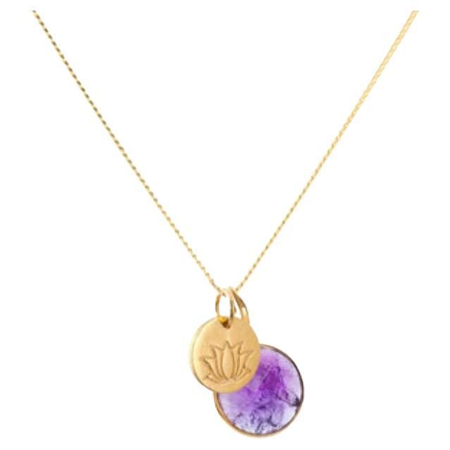18K Gold Lotus Amulet + Amethyst Crown Chakra Pendant Necklace For Sale