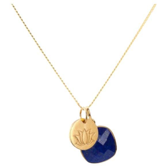 18K Gold Lotus Amulet + Lapis Lazuli Third Eye Chakra Pendant Necklace For Sale