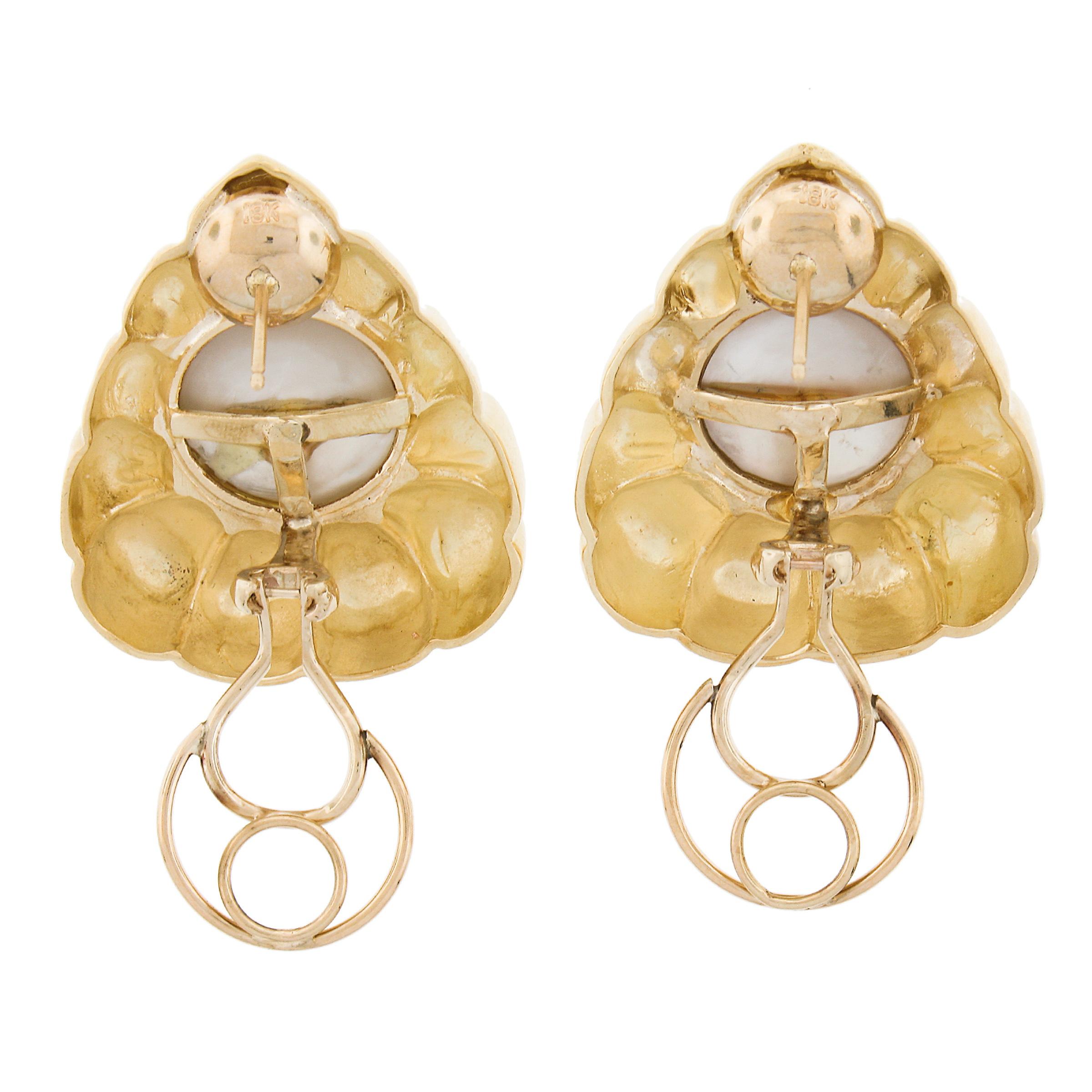 18K Gold Mabe Pearl & Diamond Polished Scalloped Large Teardrop Omega Earrings In Excellent Condition For Sale In Montclair, NJ