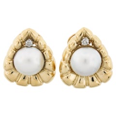 18K Gold Mabe Pearl & Diamond Polished Scalloped Large Teardrop Omega Earrings