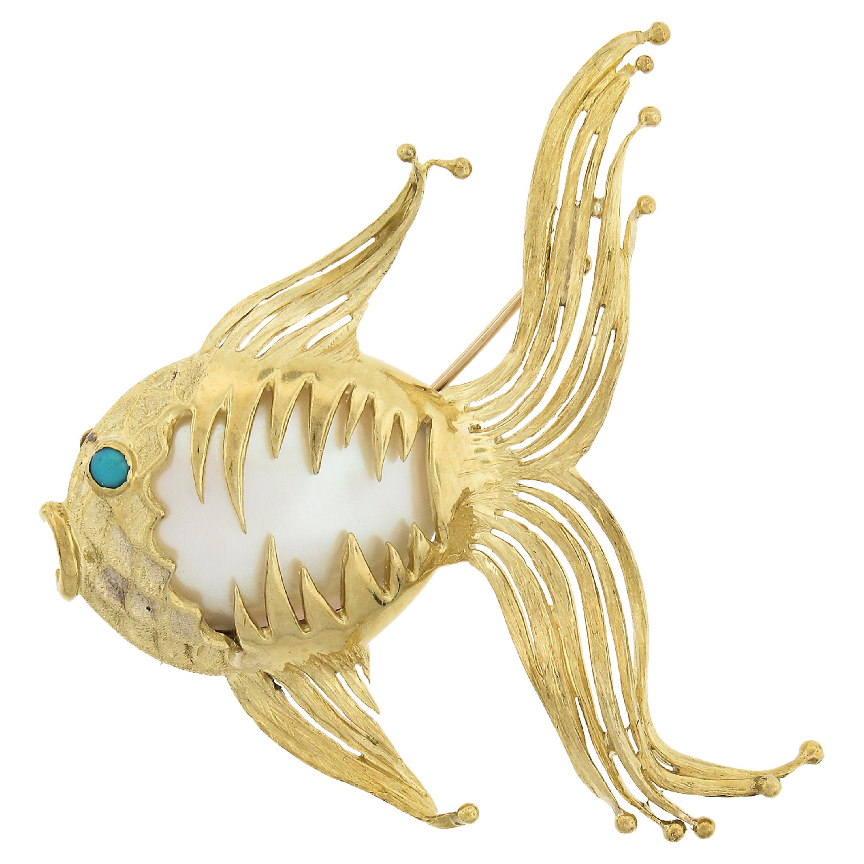 18k Gold Mabe Pearl & Turquoise Free Form Textured Detailed Fish Pin Brooch For Sale