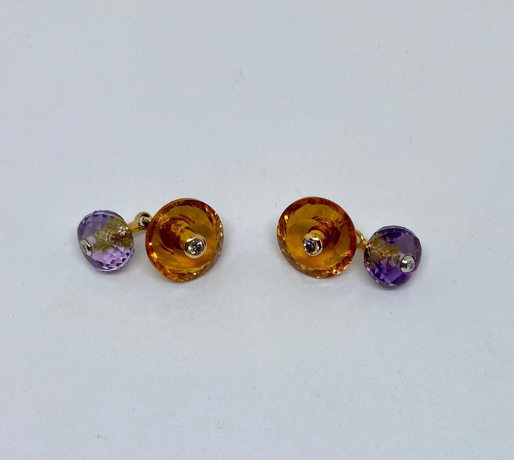 Contemporary 18 Karat Gold, Madera Citrine, Amethyst and Diamond Cufflinks