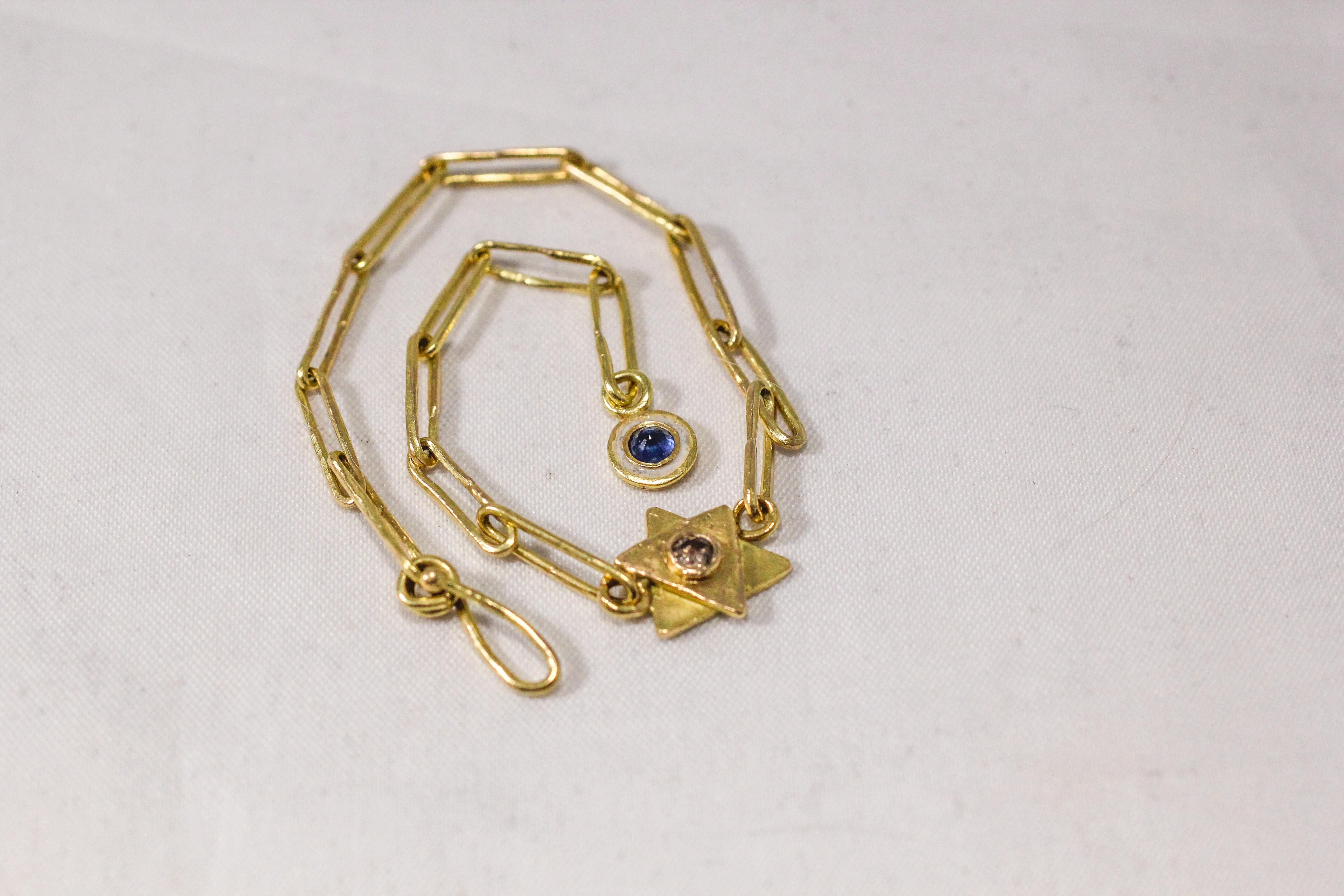 Modern 18K Gold Magen David Link Chain Bracelet Color Diamond Enamel Charm For Sale