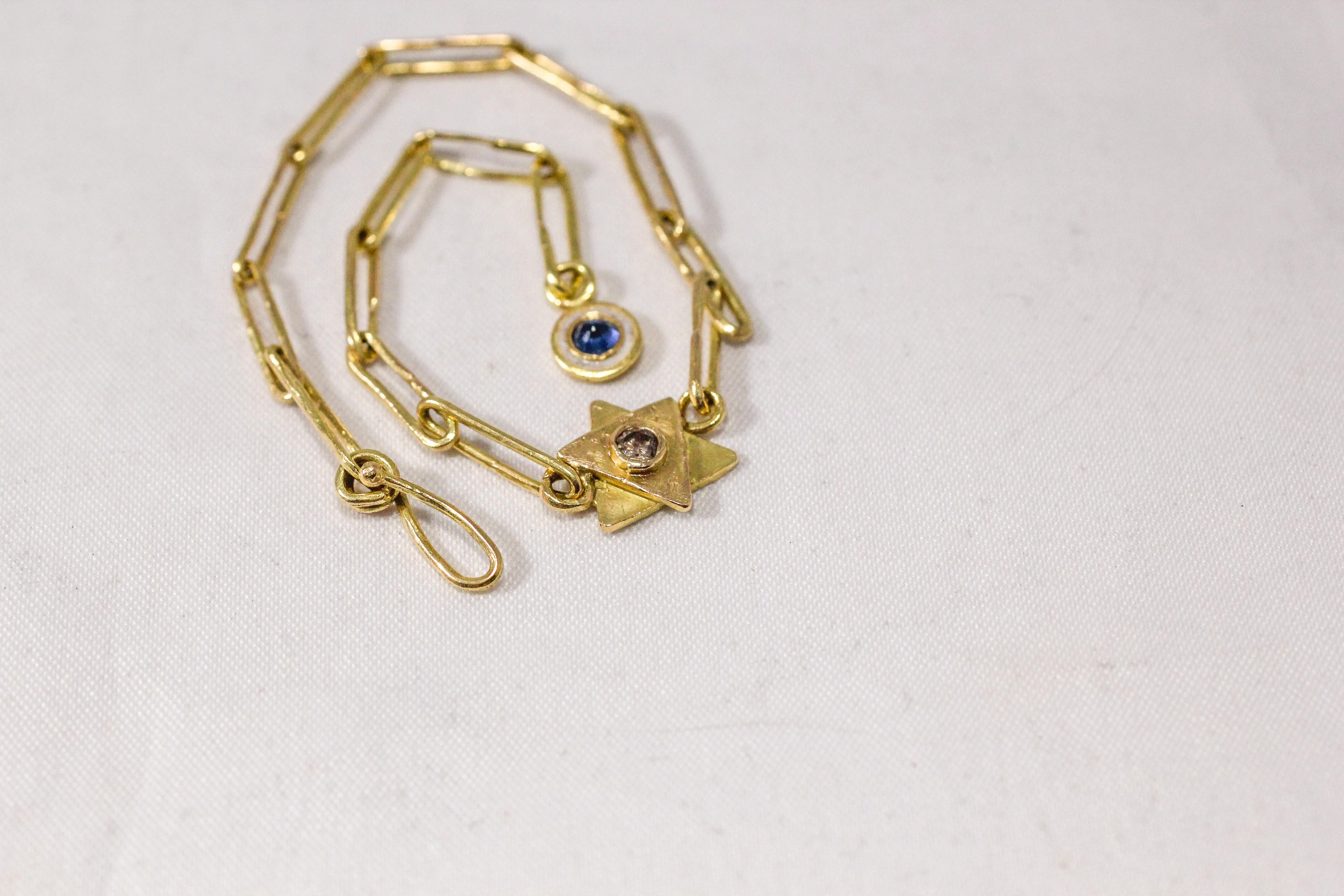 Round Cut 18K Gold Magen David Link Chain Bracelet Color Diamond Enamel Charm For Sale