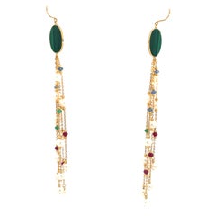 18k Gold Malachite & Pearl Multi-Strand Drop Earrings with Gemstone Beads