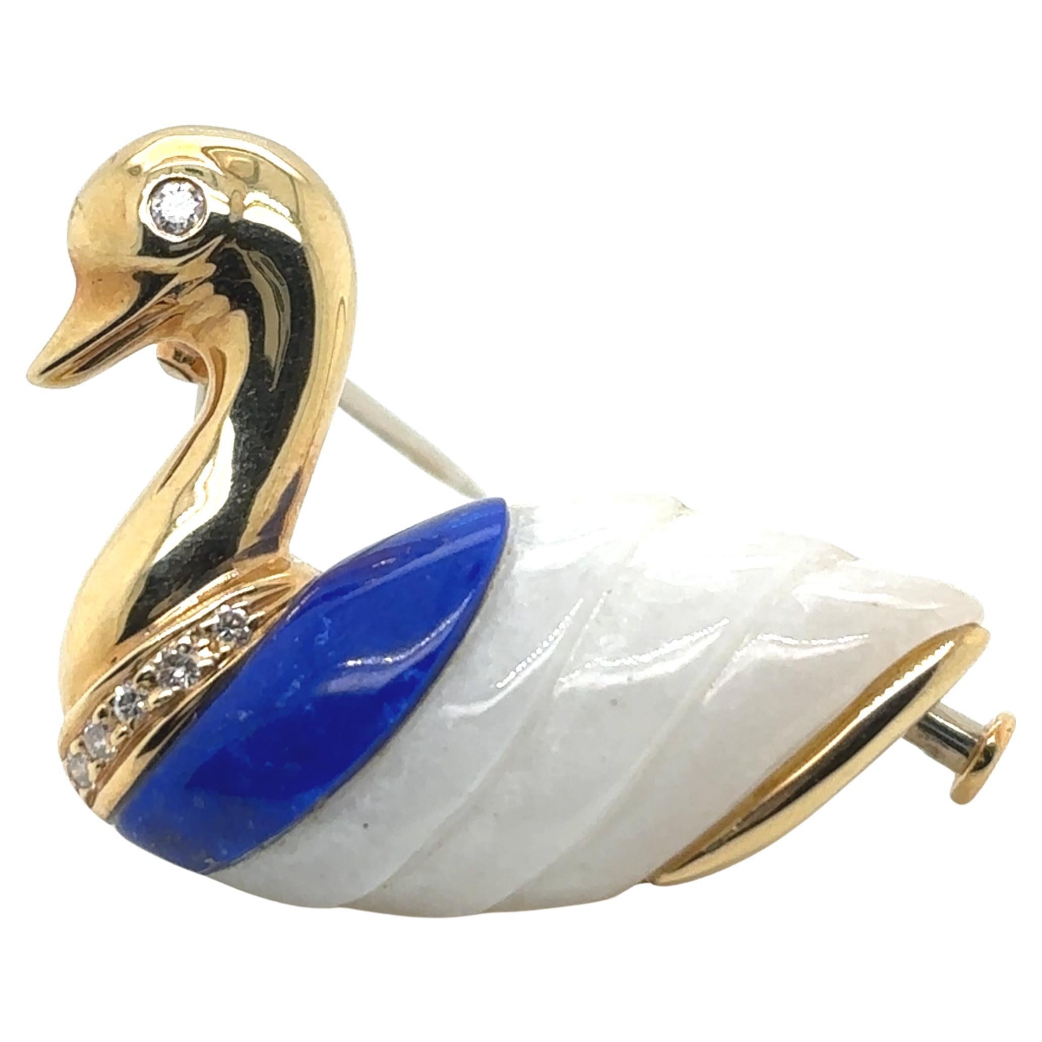 Spilla con anatra in oro 18k, malachite, onice bianca e diamanti