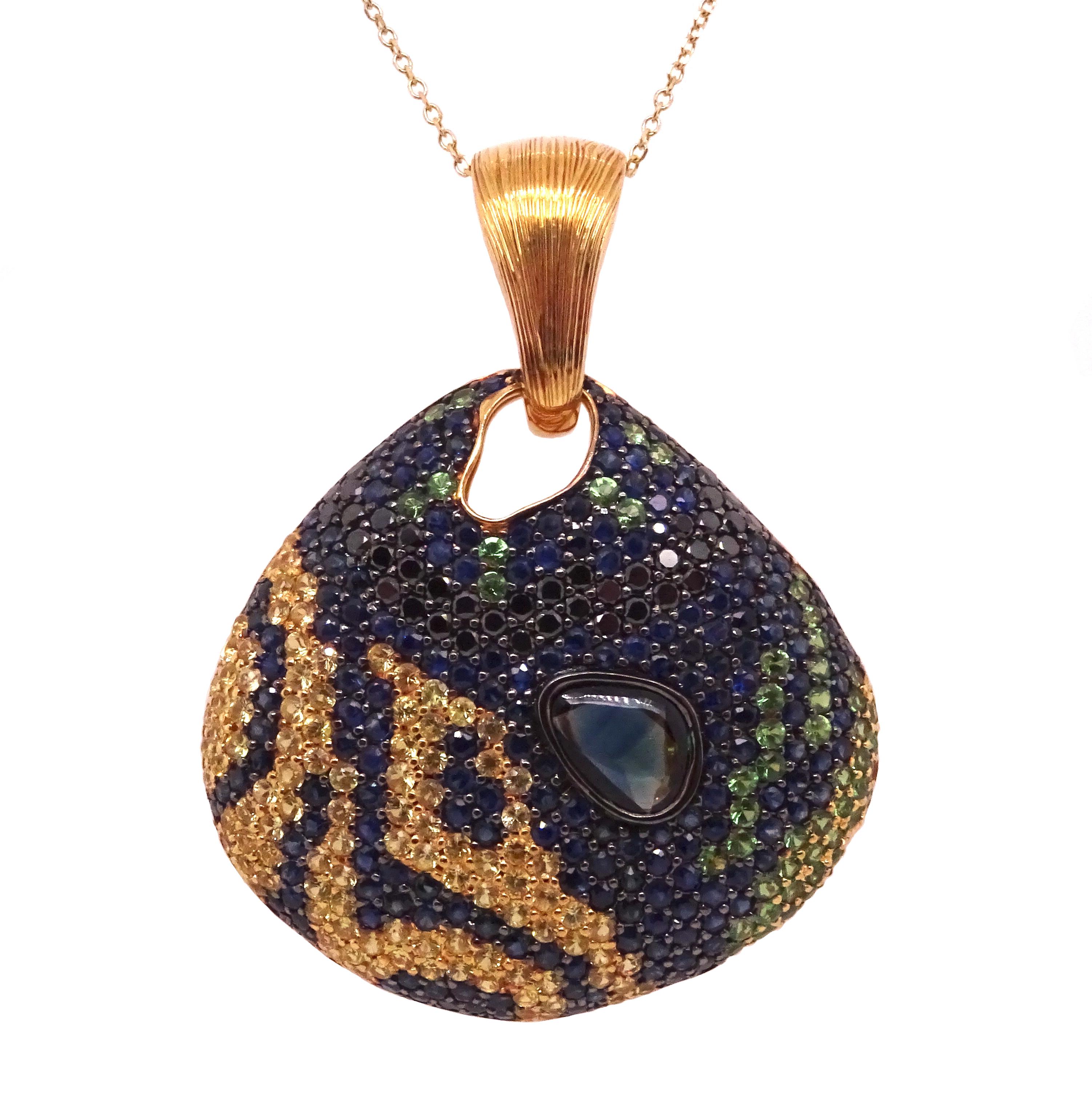 Women's 18K Gold Mandarin Dragonet Pendant with Diamonds, Sapphires and Tsavorites For Sale