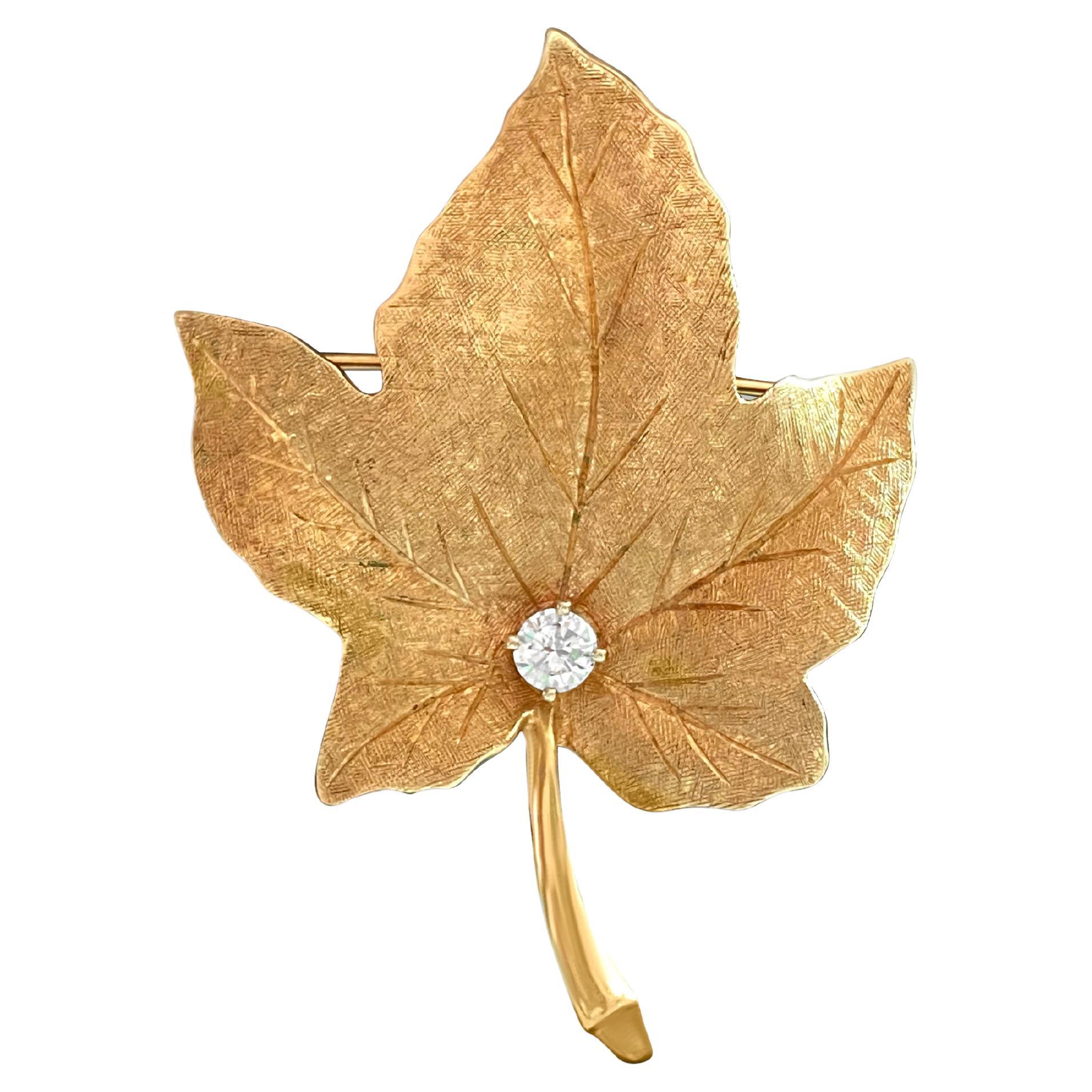 18K Gold Maple Leaf Brooche, 1/2 carat Diamond. For Sale