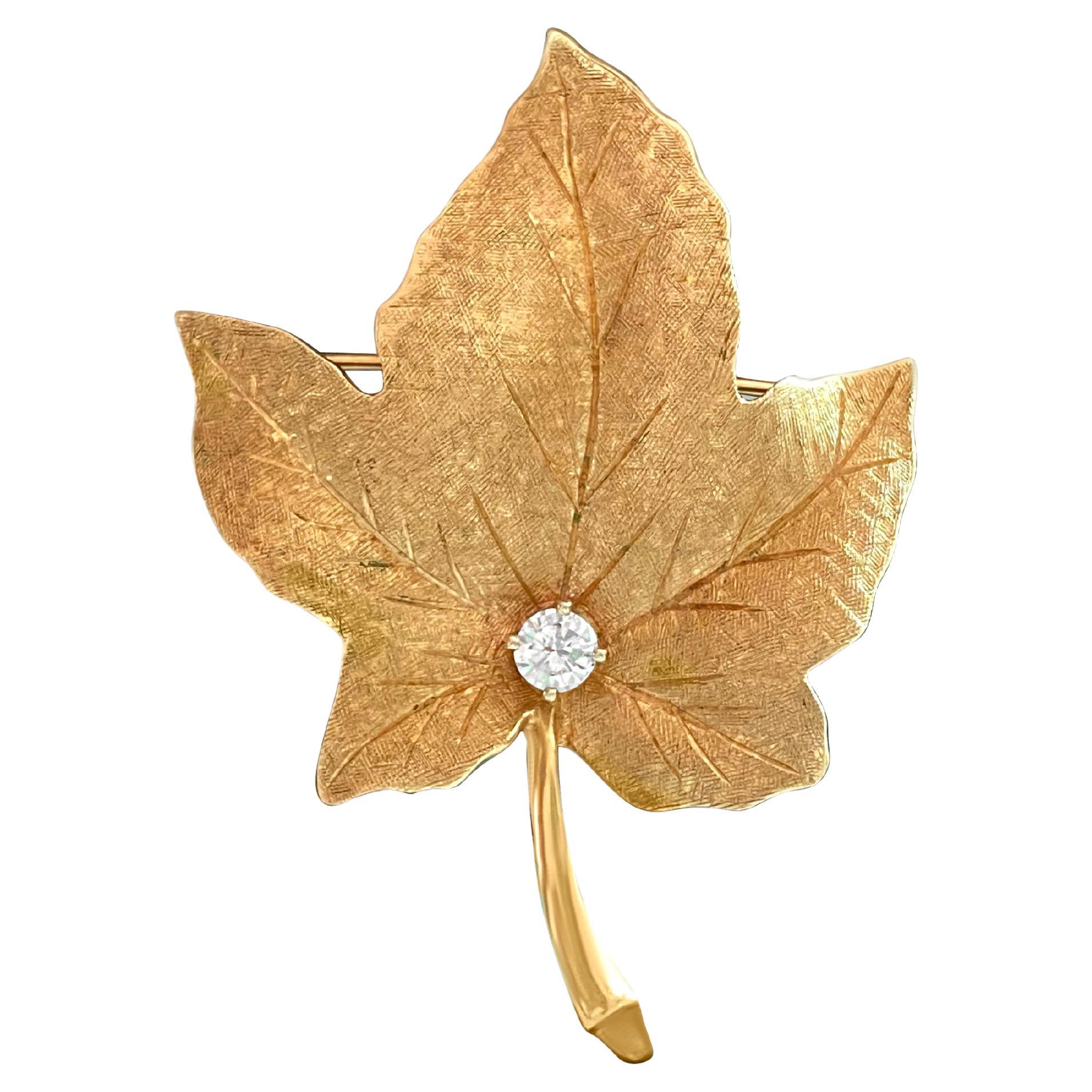 18K Gold Maple Leaf Brooche, 1/2 carat Diamond.