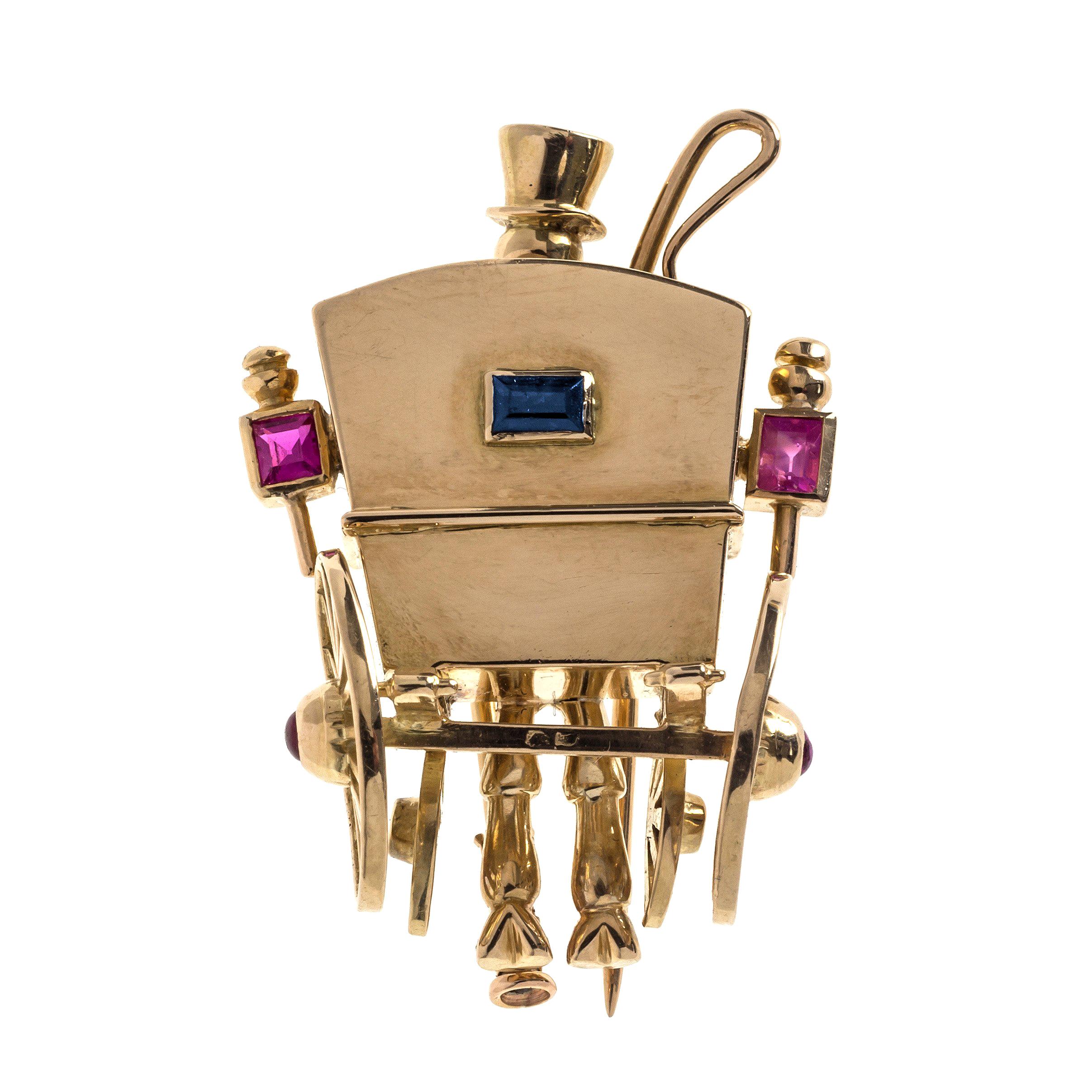 18K Gold Mellerio Dits Meller 1940's Wedding Carriage Ruby Sapphire Clip