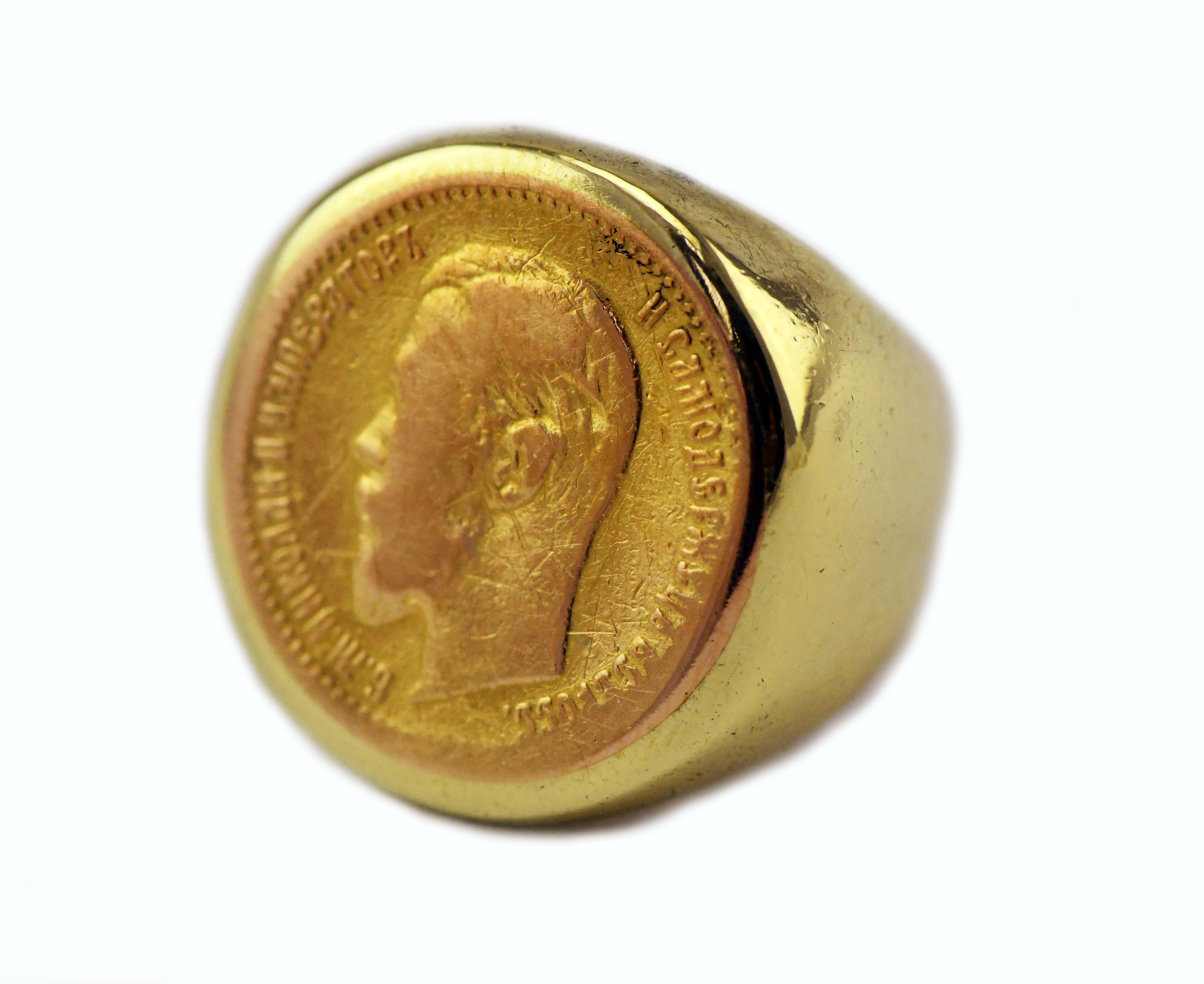 18 Karat Gold Men’s Gold Coin Ring with 1903 Russian 5 Roubles Tsar Nicholas II 1