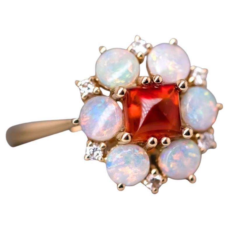 Bague en or 18 carats avec opale de feu mexicaine – Opale australienne et diamants