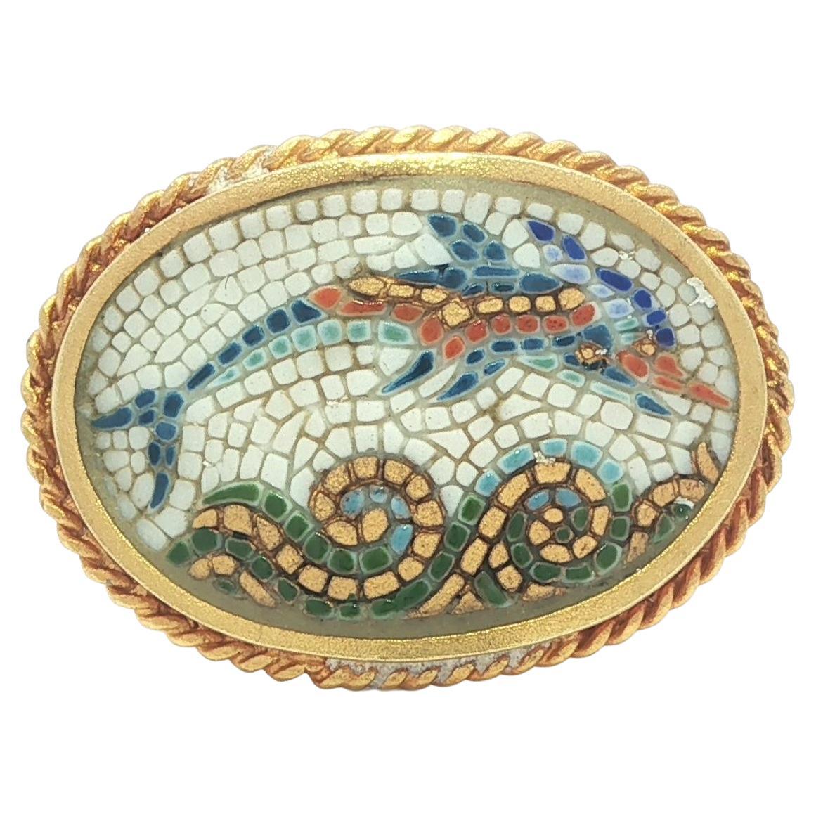 18k Gold Micro Mosaic Multi Color Enamel Work Jumping Dolphin Saddle Ring For Sale