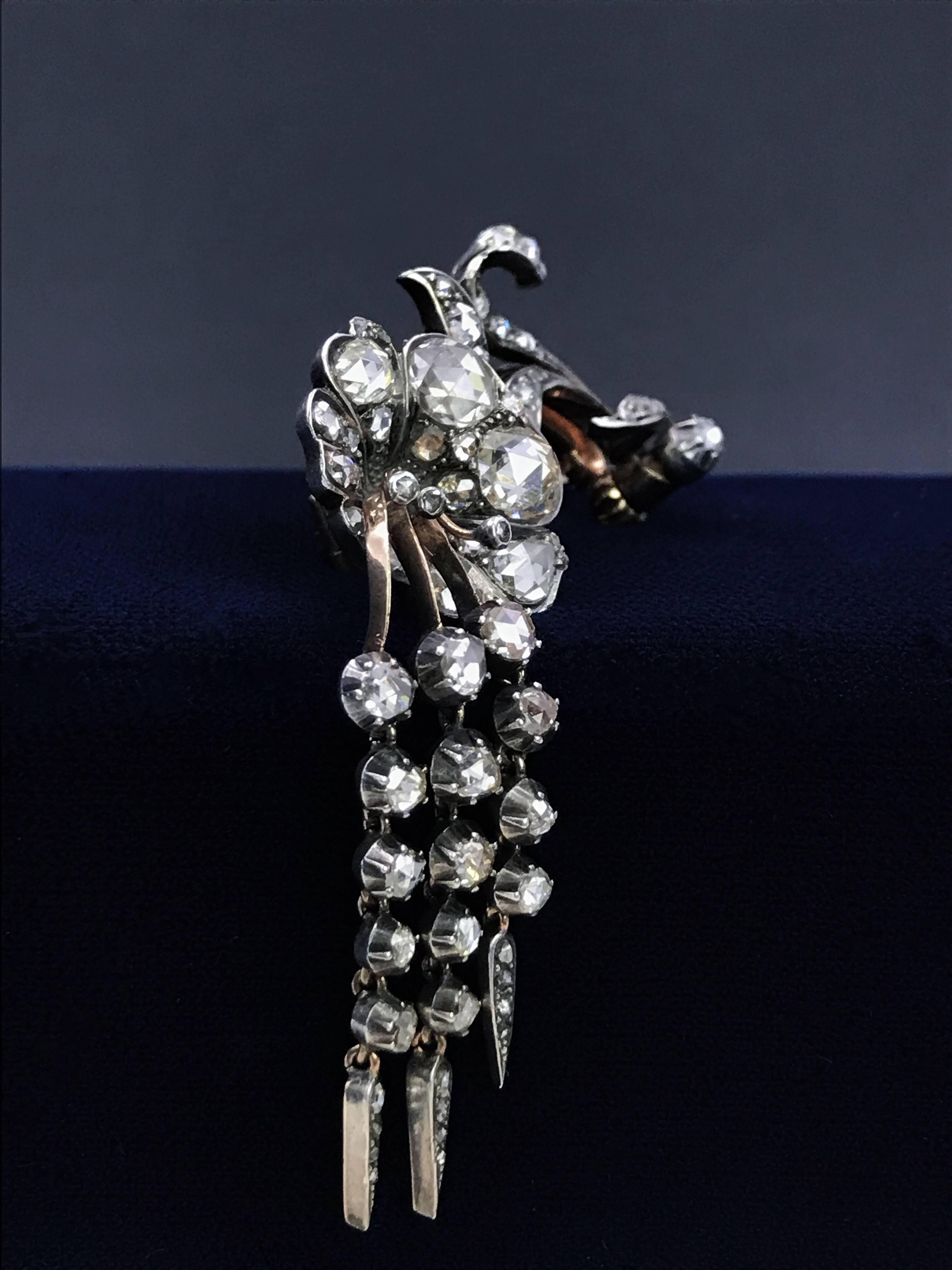 Rose Cut 18K Gold Mid-19th Century Fuchsia Diamond Brooch