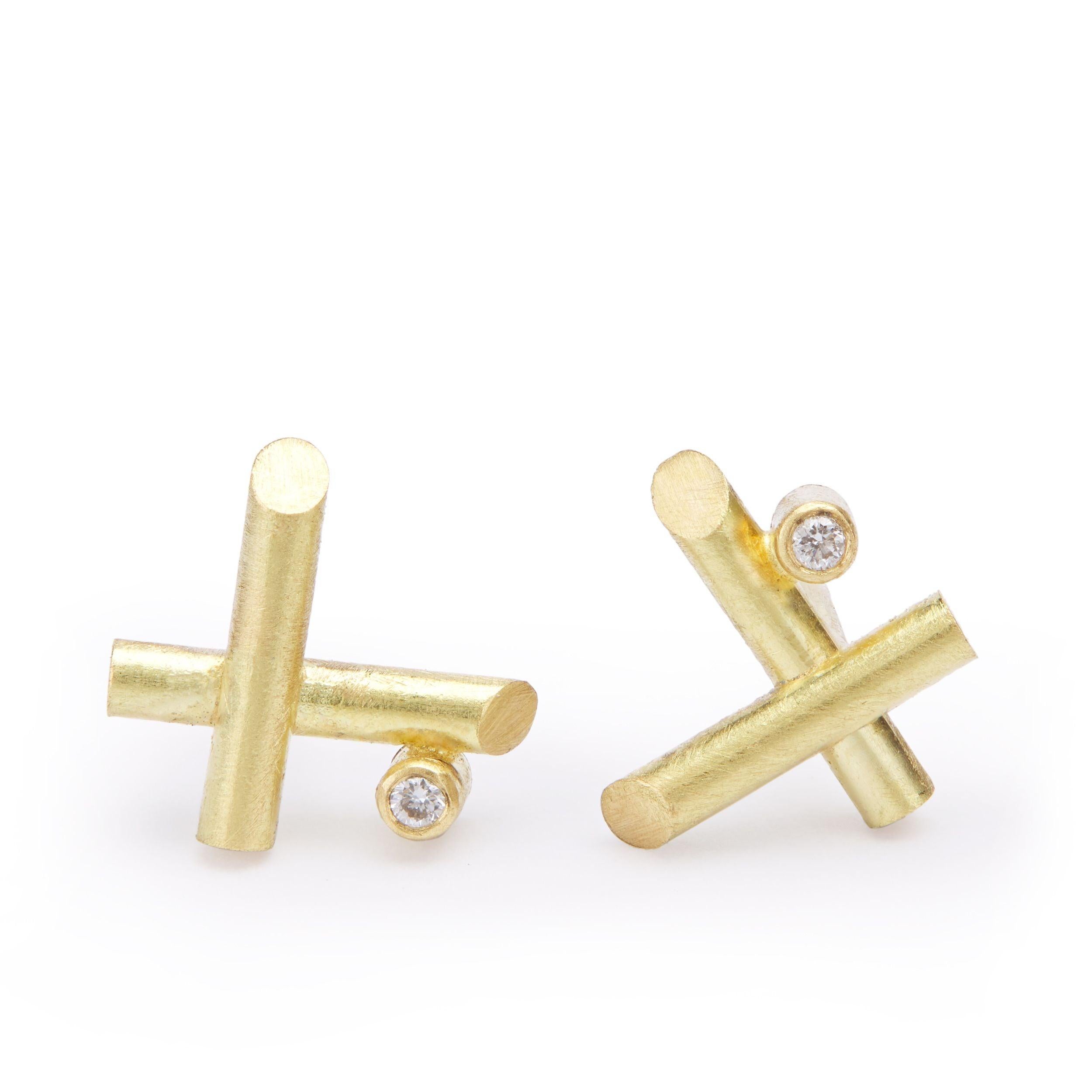 Round Cut 18 Karat Gold Mini Crisscross Diamond Stud Pierced Earrings For Sale