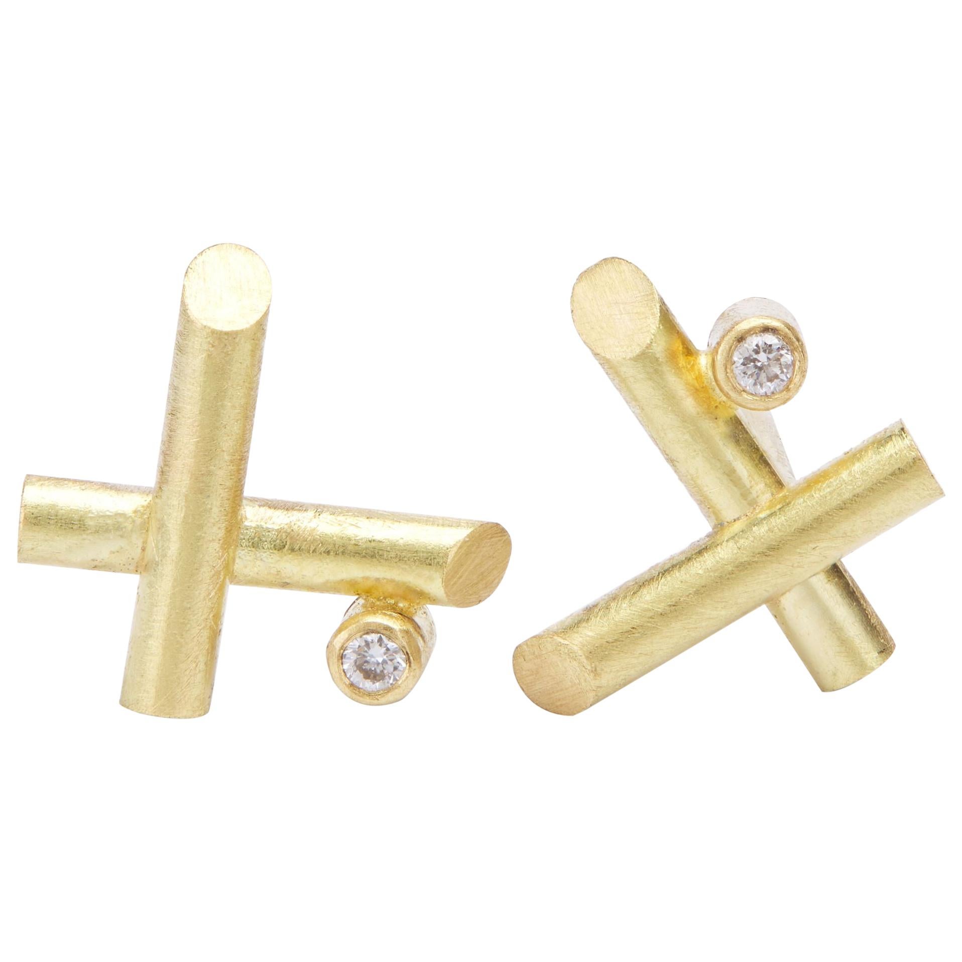 18K Gold Mini Crisscross Diamond Stud Pierced Earrings