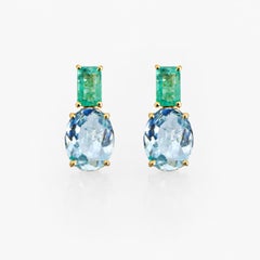 18K Gold Modern Earrings Vivid Oval Sky Blue Topaz and Rectangular Emerald