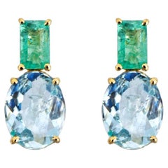 18K Gold Modern Earrings Vivid Oval Sky Blue Topaz and Rectangular Emerald