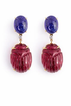 18K Gold Modern Earrings with Natural Vivid Rubellite and Tanzanite with Diamond