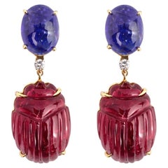 18K Gold Modern Earrings with Natural Vivid Rubellite and Tanzanite with Diamond