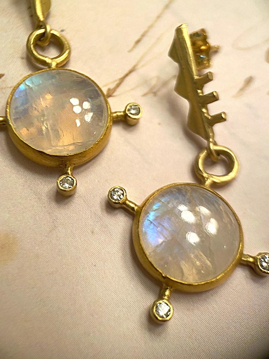 Artist Margery Hirschey 18k Gold Moonstone and Diamond Bauhaus Inspired Earrings For Sale