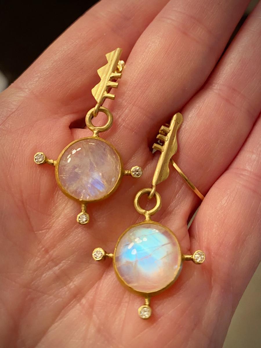 Round Cut Margery Hirschey 18k Gold Moonstone and Diamond Bauhaus Inspired Earrings For Sale