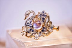 18K Gold Moonstone & Sapphire & Crystal ‘Swan’ Brooch/Pendant with Diamonds