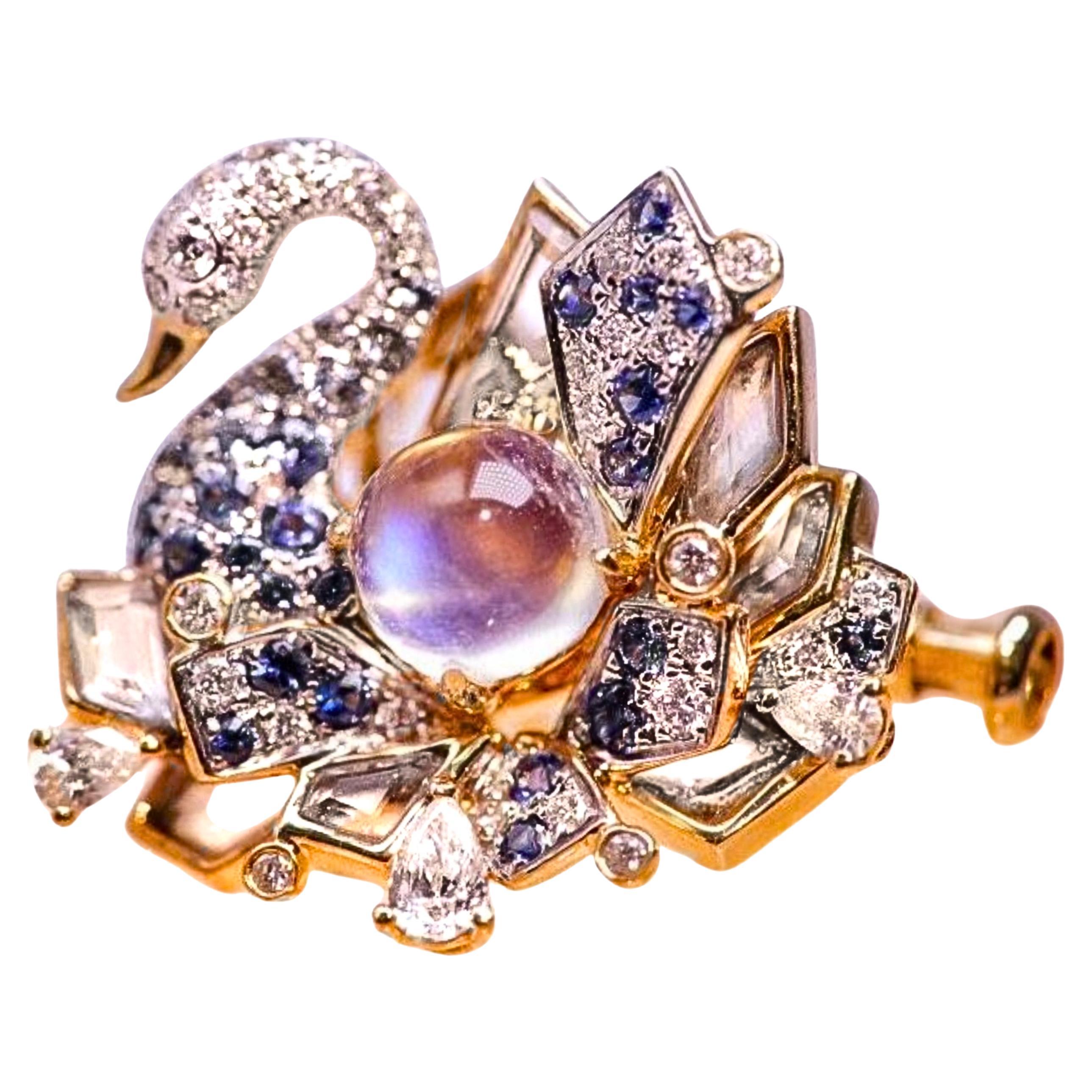 18K Gold Moonstone & Sapphire & Crystal ‘Swan’ Brooch/Pendant with Diamonds