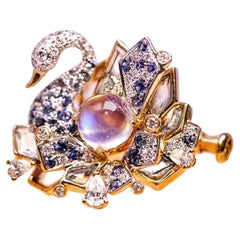 18K Gold Moonstone & Sapphire & Crystal ‘Swan’ Brooch/Pendant with Diamonds