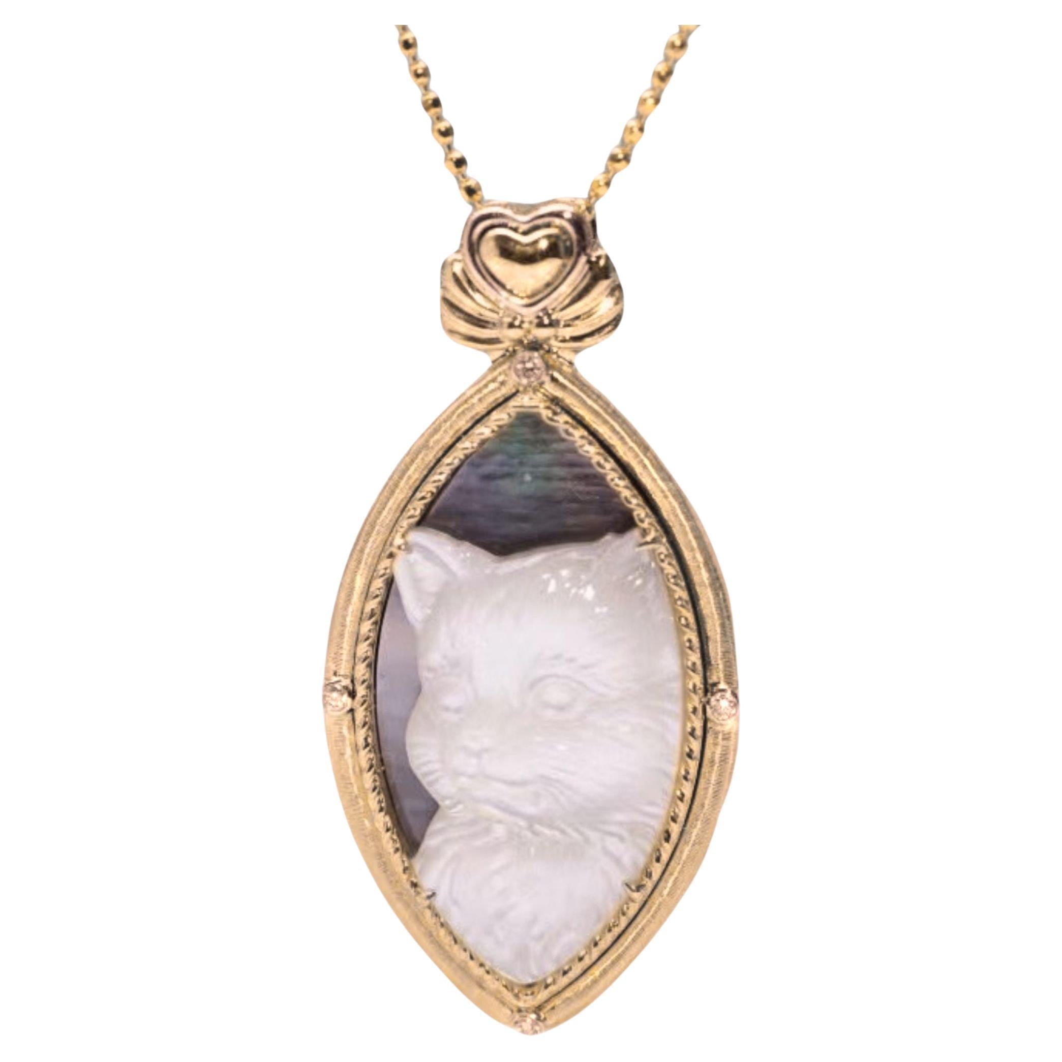 18K Gold Mother of Pearl & Diamond 'Cat' Collection Pendant Necklace