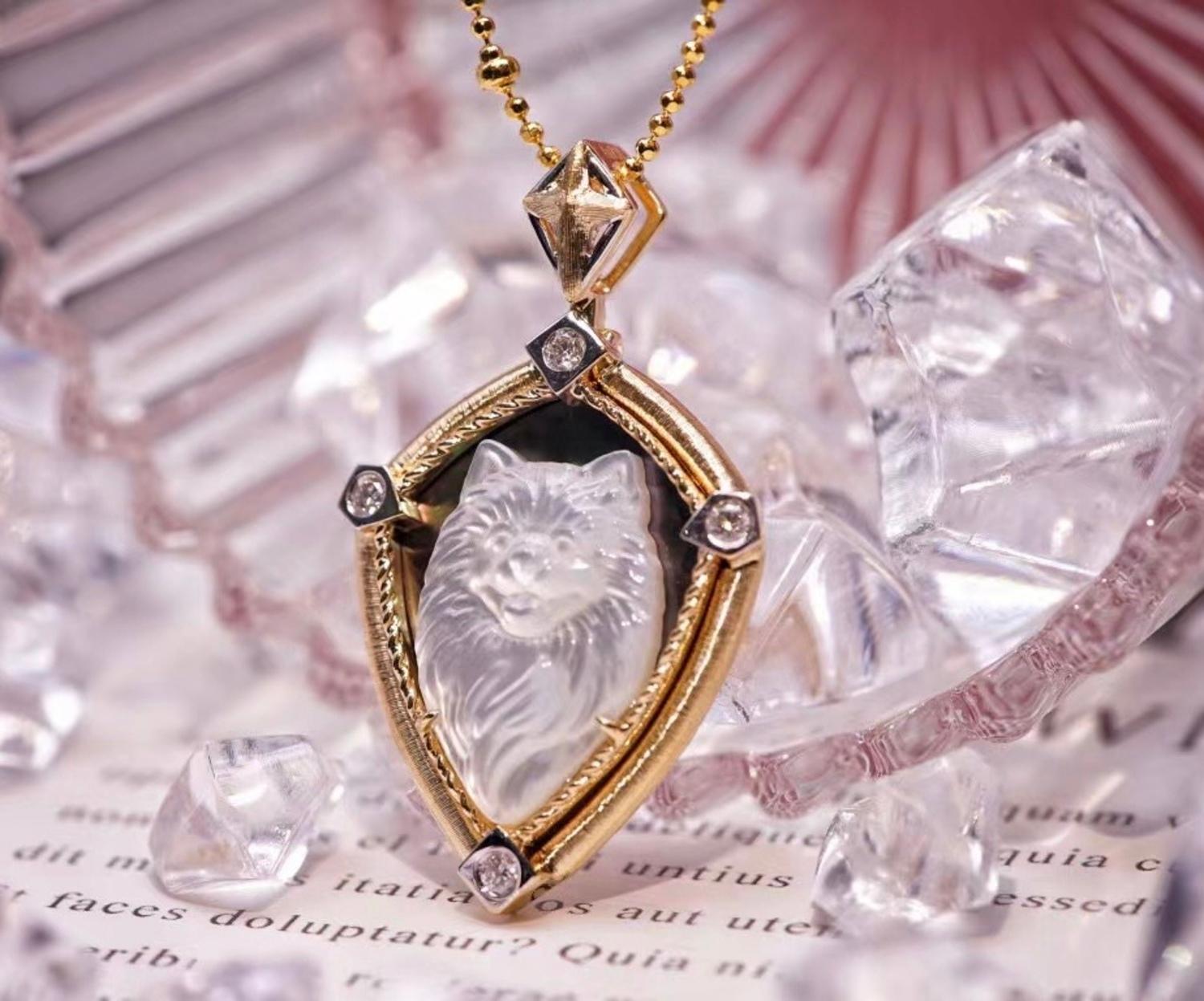 Modern 18K Gold Mother of Pearl & Diamond 'Pet' Collection Pendant Necklace For Sale