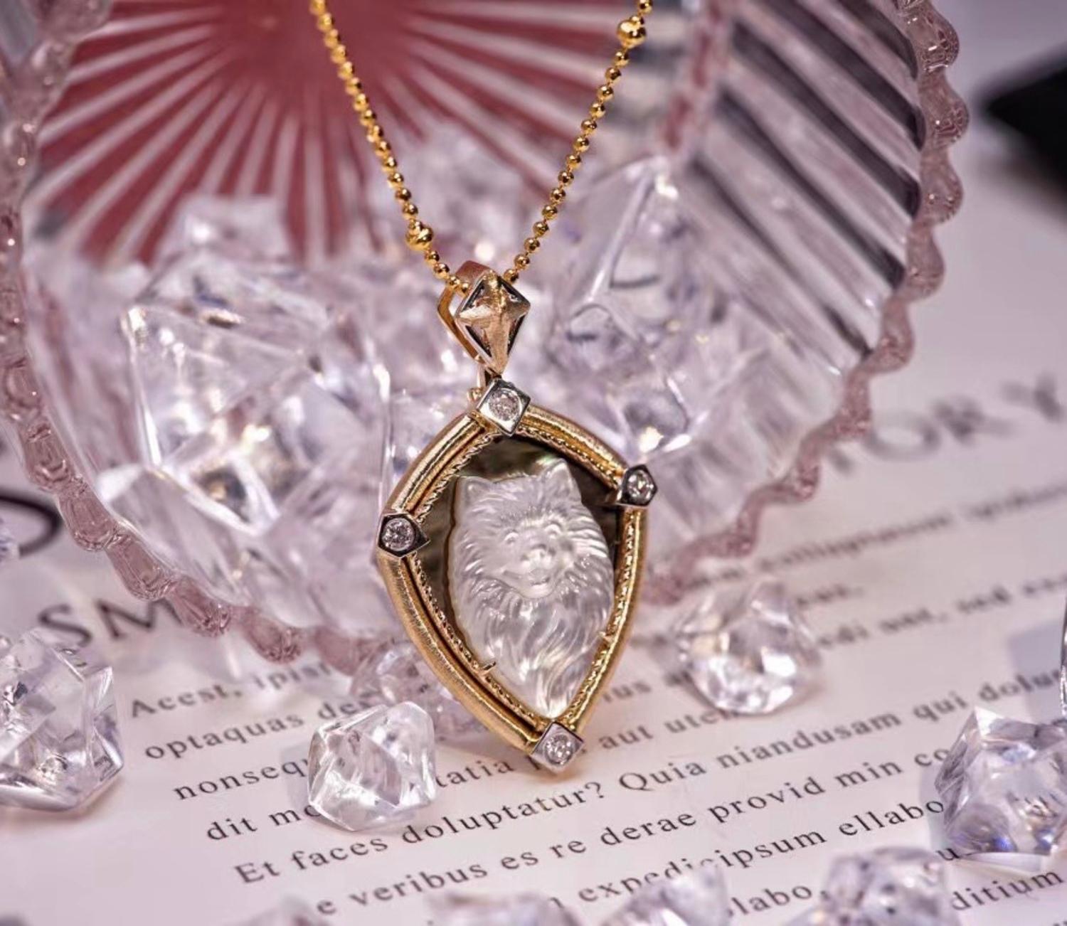 Round Cut 18K Gold Mother of Pearl & Diamond 'Pet' Collection Pendant Necklace For Sale