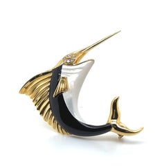 18k Gold Mother of Pearl Onyx and Diamond Swordfish Pin