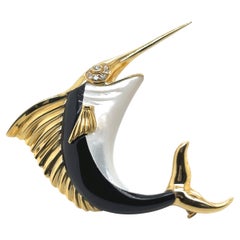 18k Gold Mother of Pearl Onyx and Diamond Swordfish Pin