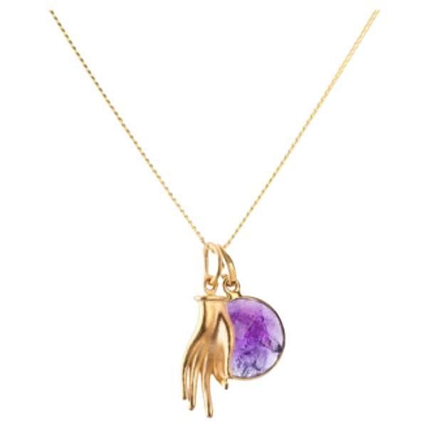 18K Gold Mudra Amulet + Amethyst Crown Chakra Pendant Necklace For Sale
