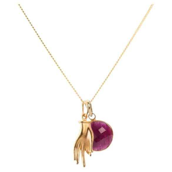 18K Gold Mudra Amulet + Ruby Root Chakra Pendant Necklace by Elizabeth Raine For Sale