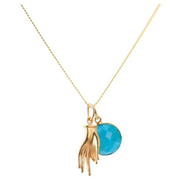 18K Gold Mudra Amulet + Turquoise Throat Chakra Pendant Necklace For Sale