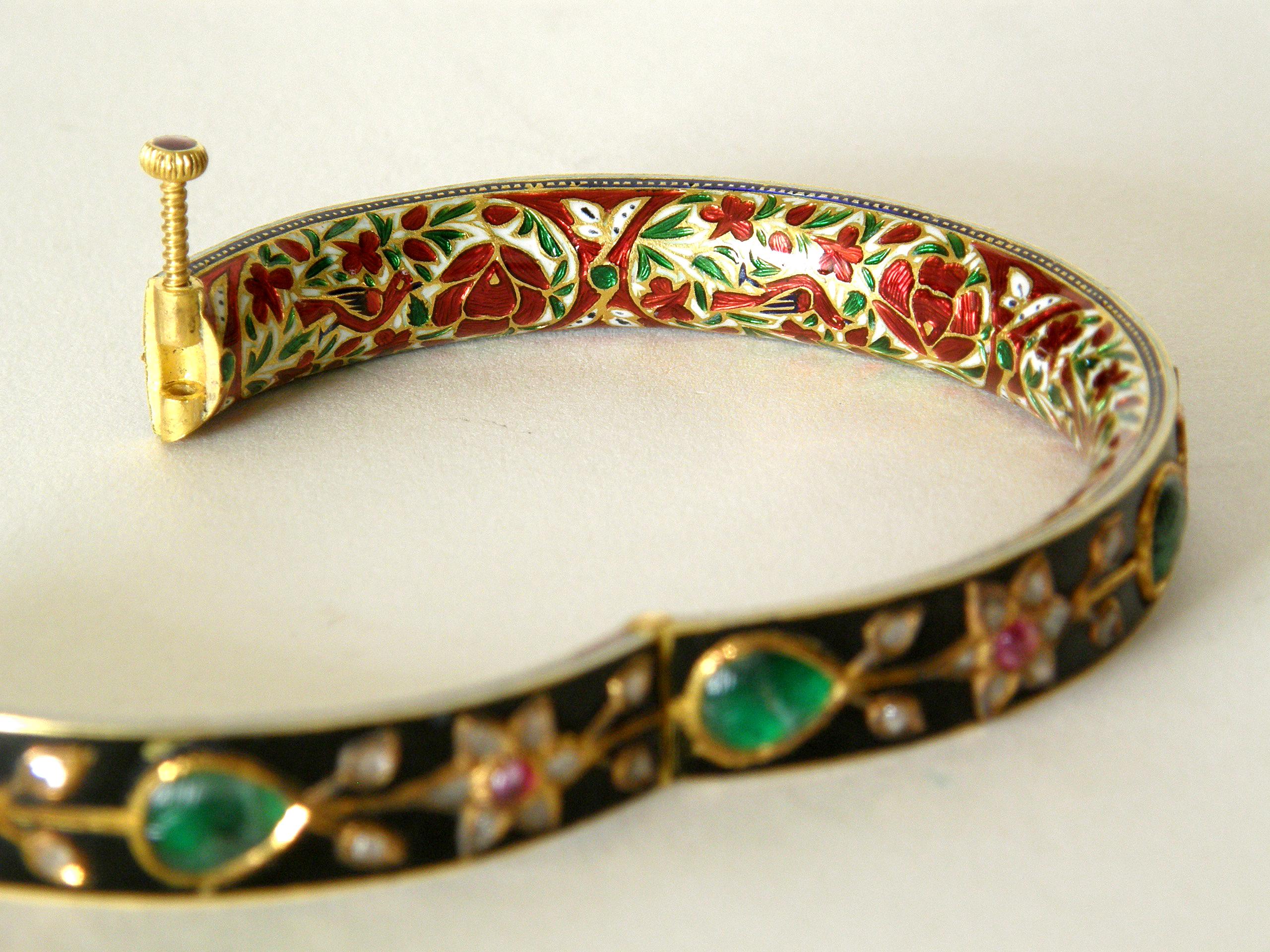 Pear Cut 18K Gold Mughal Style Bangle Bracelet Set with Emeralds Diamonds and Rubies