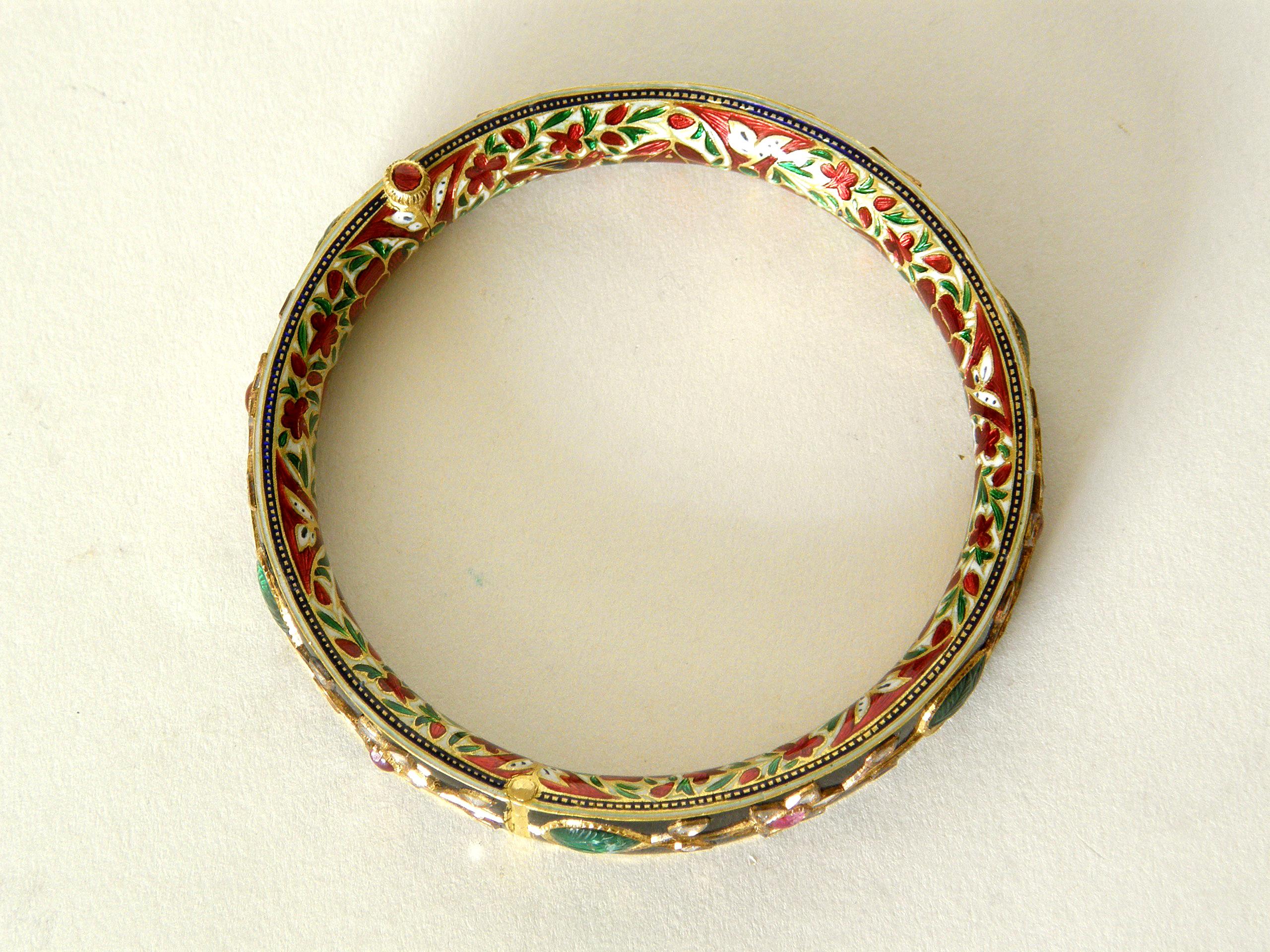 Women's or Men's 18K Gold Mughal Style Bangle Bracelet Set with Emeralds Diamonds and Rubies