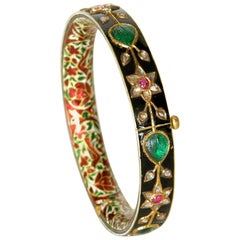 Antique 18K Gold Mughal Style Bangle Bracelet Set with Emeralds Diamonds and Rubies