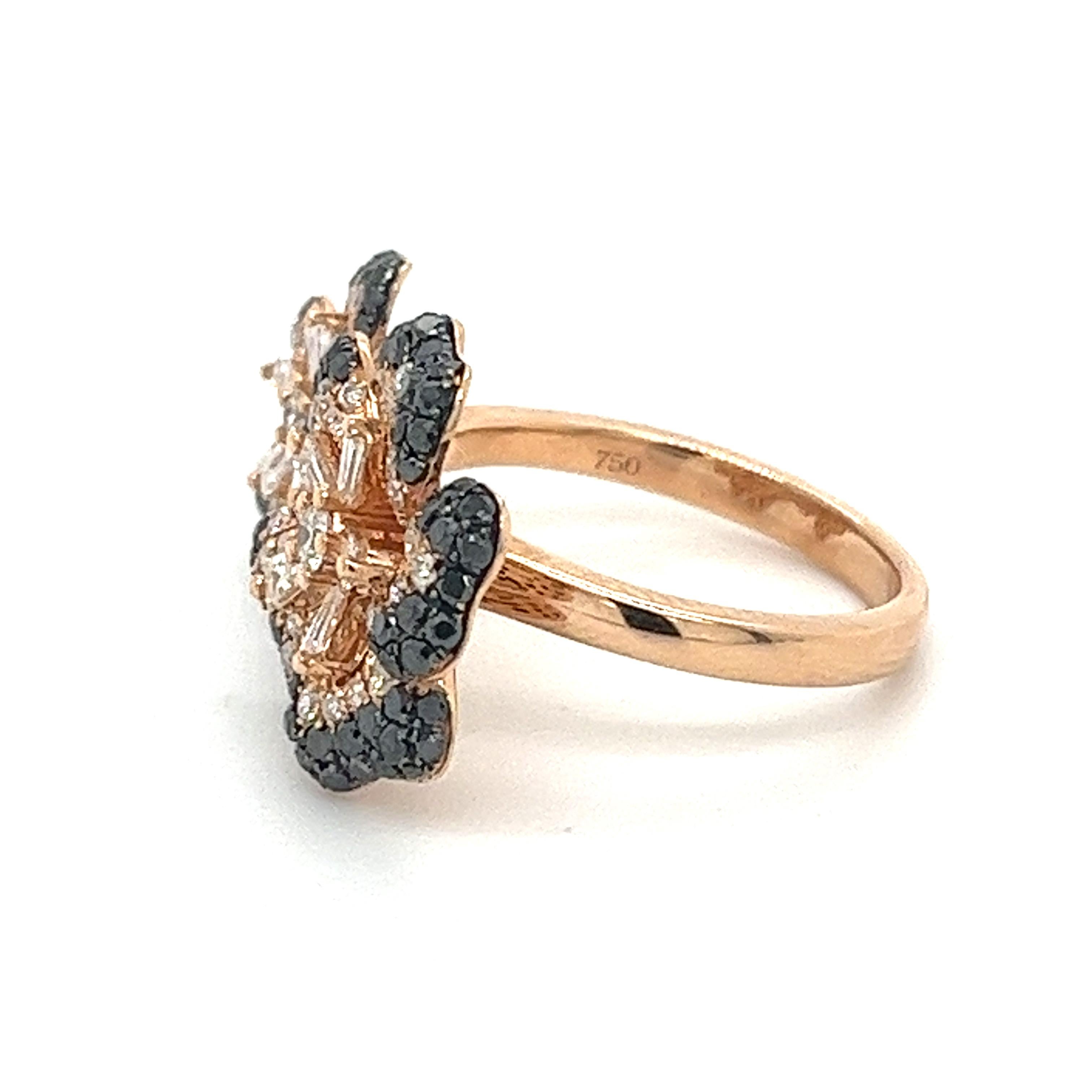 18K Gold Multi-Color Diamond Ring 

18K Rose Gold -  7.275 GM
144 Black Diamonds - 0.848 CT
94 Orange Diamonds - 0.503 CT
10 Diamonds -  0.276 CT

This ring features an 18K gold setting with a floral design composed of multi-colored diamonds. The