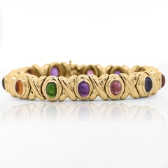 18K Gold Multi Color Gemstone Vintage Estate X Bezel Bracelet