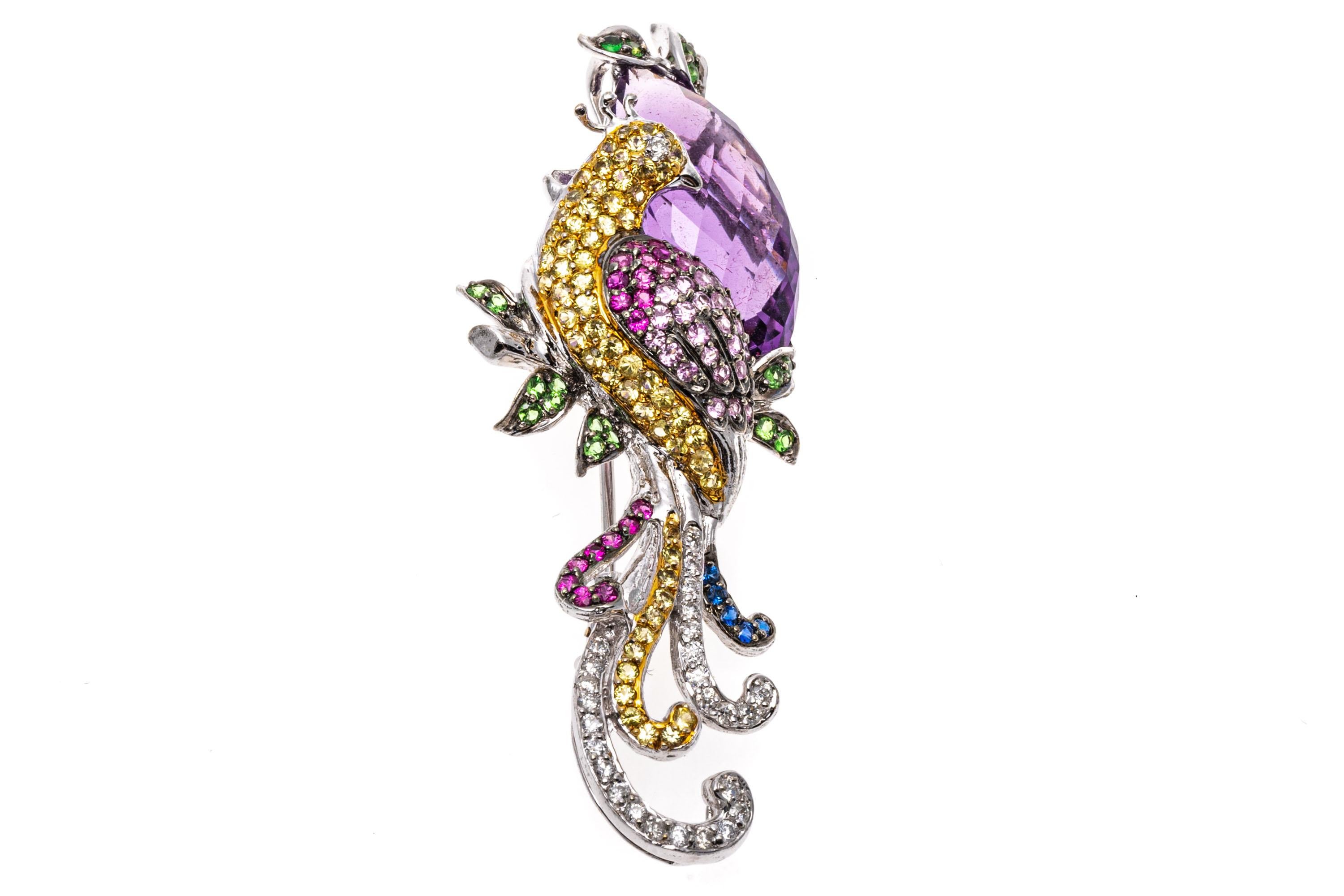 18k Gold Multi Color Sapphire and Diamond Bird of Paradise Brooch and Pendant For Sale 2
